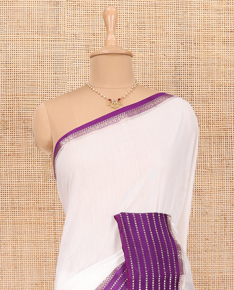 White Plain Assam Silk Saree, Complemented by Contrast Traditional Zari Design Border, Pallu Adorned  with Zari Stripes, and Paired with a Contrast Blouse