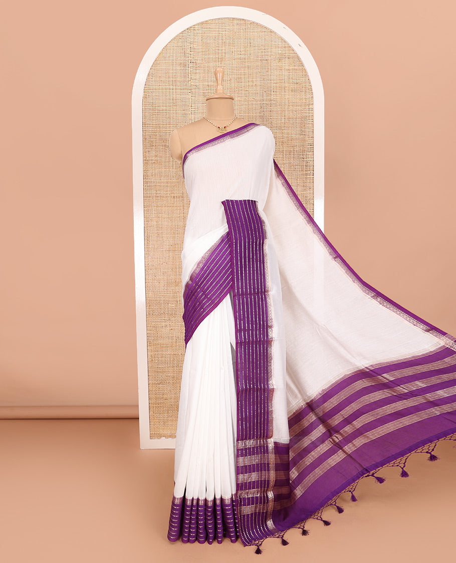 White Plain Assam Silk Saree, Complemented by Contrast Traditional Zari Design Border, Pallu Adorned  with Zari Stripes, and Paired with a Contrast Blouse