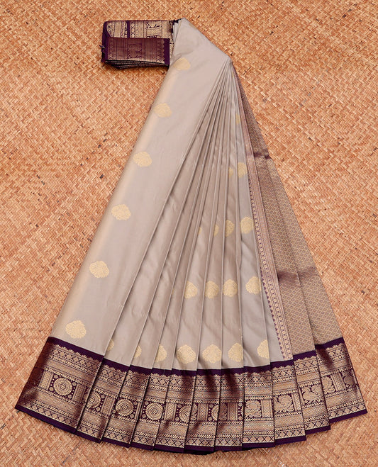 Grey Budget Silk Saree, Sparsely Sparkled with Zari Buttas, Complemented by a Contrast Traditional Zari Border, Grand Pallu, and Contrast Blouse