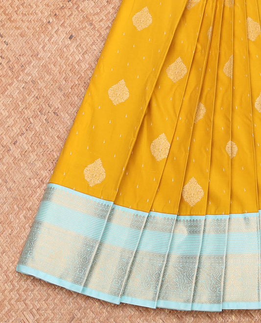 Yellow Budget Silk Saree, Sparsely Threaded with Zari Buttas, Complemented by a Contrast Traditional Zari Design Border, Grand Pallu, and a Contrast Blouse