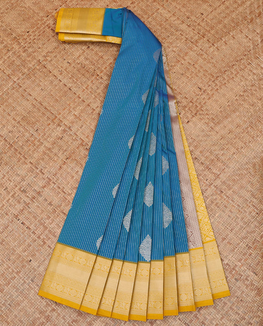 Blue striped and zari motifs budget silk saree, contrast traditional zari design border, and zari-rich jaal pallu