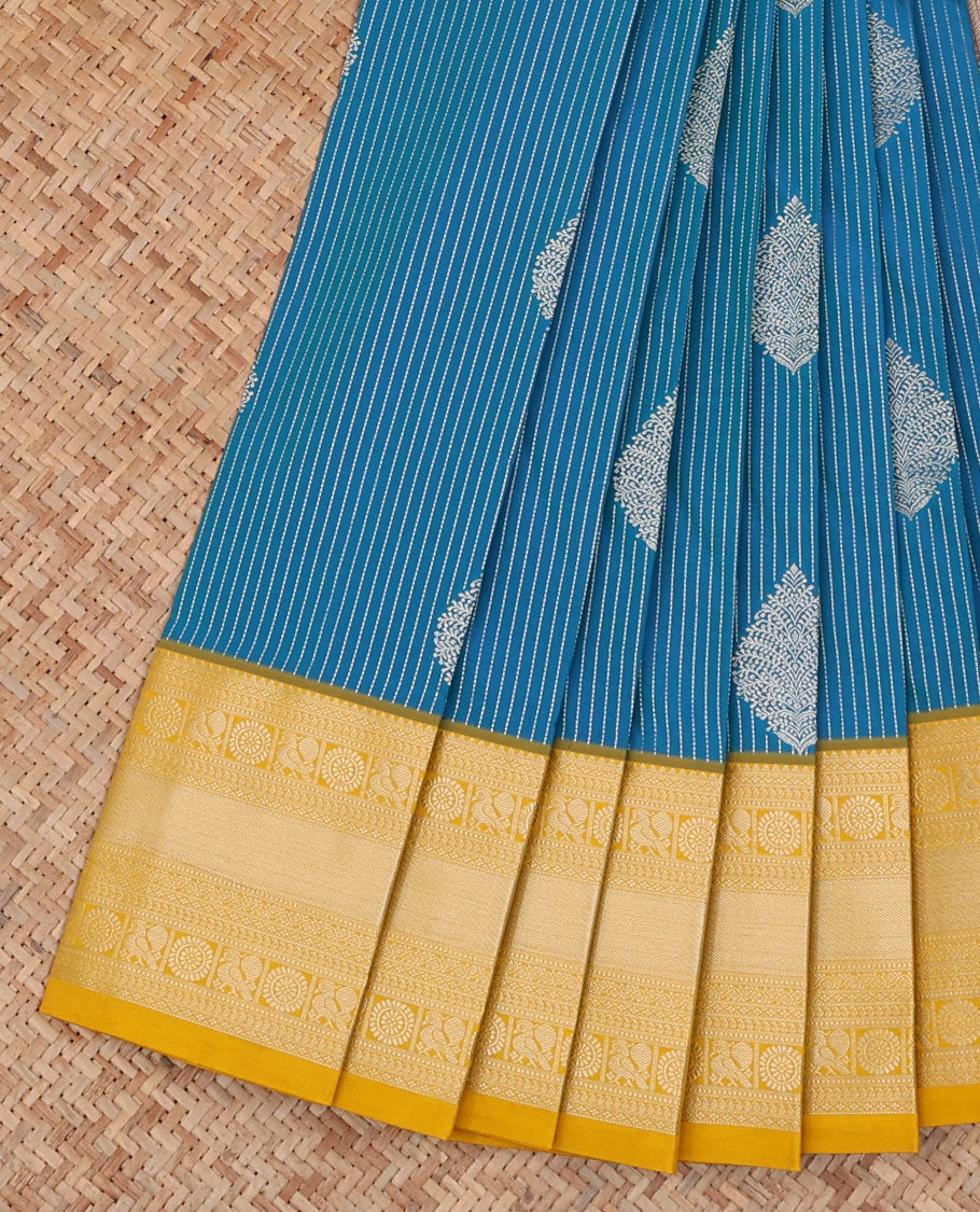 Blue striped and zari motifs budget silk saree, contrast traditional zari design border, and zari-rich jaal pallu