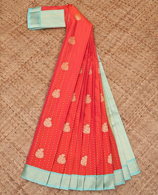 Orange Budget Silk Saree, Beautifully Bedecked with Zari Buttas on Its Body, Complemented by a Contrast Traditional Zari Border of Peacock Designs, Grand Geometric-Patterned Pallu, and Paired with a Contrast Blouse