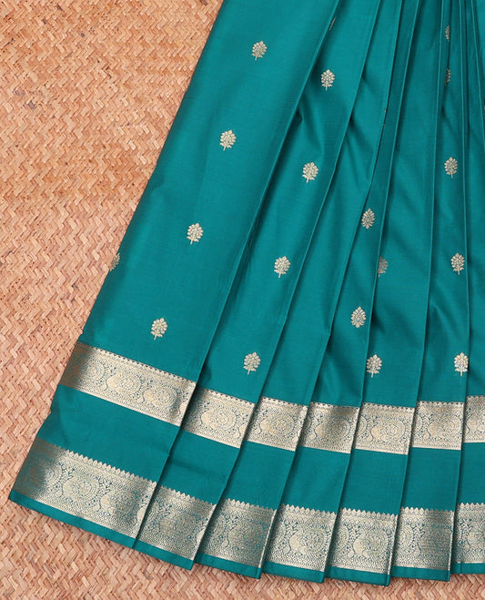 Blue Budget Silk Saree, Subtly Decked Up With Zari Buttas All Over Its Body, Highlighted by Traditional Rettai Pettu Border, Grand Jaal Pallu and Paired with a Matching Blouse