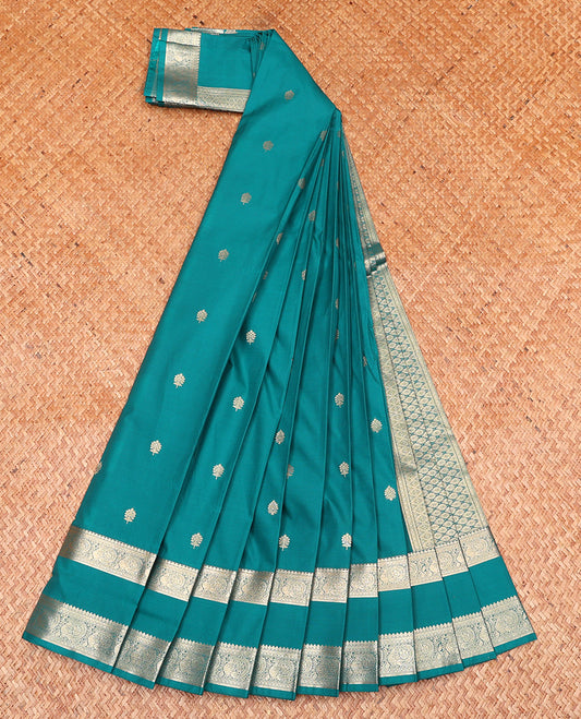 Blue Budget Silk Saree, Subtly Decked Up With Zari Buttas All Over Its Body, Highlighted by Traditional Rettai Pettu Border, Grand Jaal Pallu and Paired with a Matching Blouse