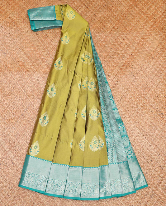 Green Budget Silk Saree, Embellished with Zari Buttas All Over Its Body, Complemented by a Contrast Traditional Zari Design Border, Jaal Pallu, and Paired with a Contrast Blouse