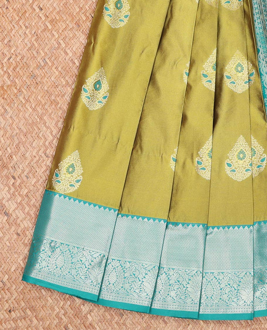 Green Budget Silk Saree, Embellished with Zari Buttas All Over Its Body, Complemented by a Contrast Traditional Zari Design Border, Jaal Pallu, and Paired with a Contrast Blouse