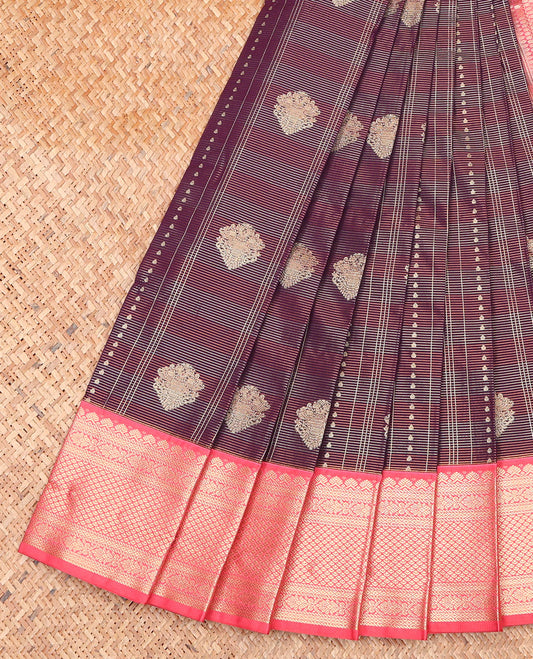 Brown Budget Silk Saree, Masterfully Woven with Zari Buttas and Stripes on Its Body, Complemented by a Contrast Traditional Zari Design Border, Jaal-Patterned Pallu, and Paired with a Contrast Blouse