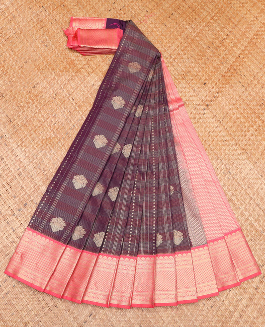 Brown Budget Silk Saree, Masterfully Woven with Zari Buttas and Stripes on Its Body, Complemented by a Contrast Traditional Zari Design Border, Jaal-Patterned Pallu, and Paired with a Contrast Blouse