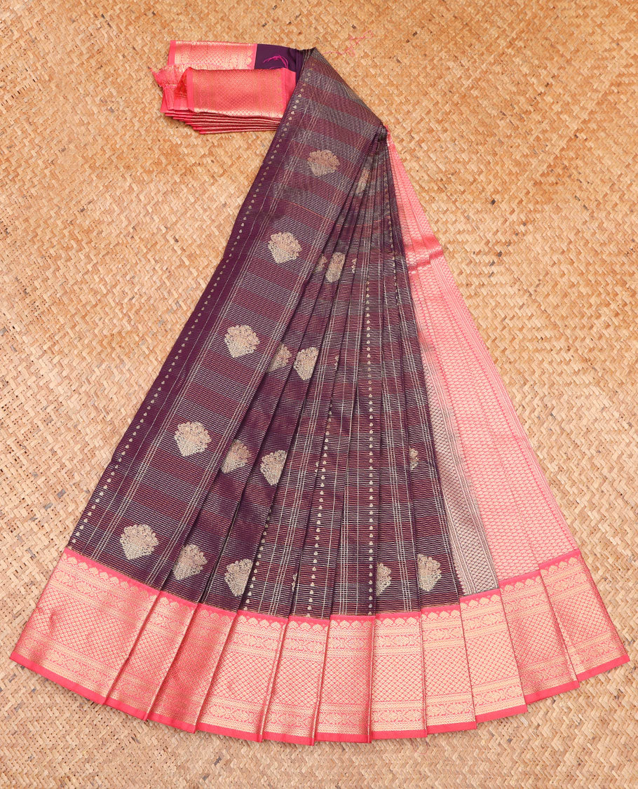 Brown Budget Silk Saree, Masterfully Woven with Zari Buttas and Stripes on Its Body, Complemented by a Contrast Traditional Zari Design Border, Jaal-Patterned Pallu, and Paired with a Contrast Blouse