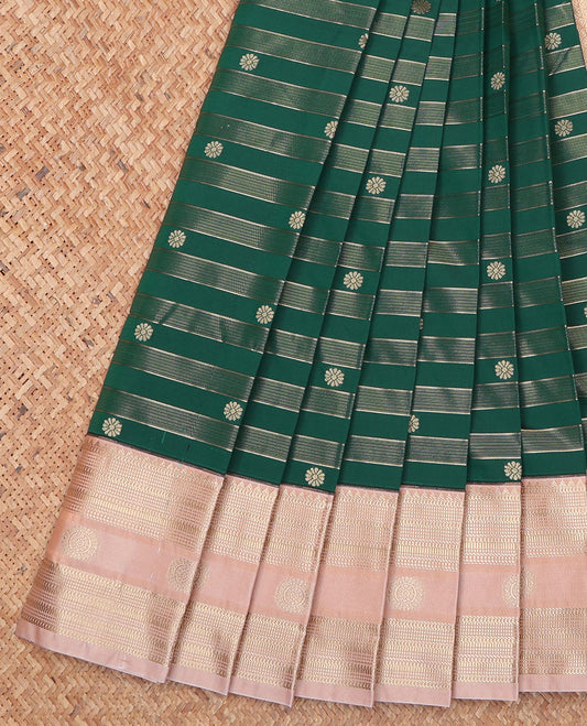 Green Budget Silk Saree, Bedecked with Zari Buttas and Stripes on Its Body, Complemented by a Contrast Traditional Zari Design Border, Jaal-Patterned Pallu, and Paired with a Contrast Blouse