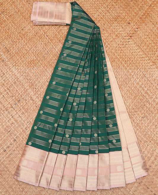 Green Budget Silk Saree, Bedecked with Zari Buttas and Stripes on Its Body, Complemented by a Contrast Traditional Zari Design Border, Jaal-Patterned Pallu, and Paired with a Contrast Blouse
