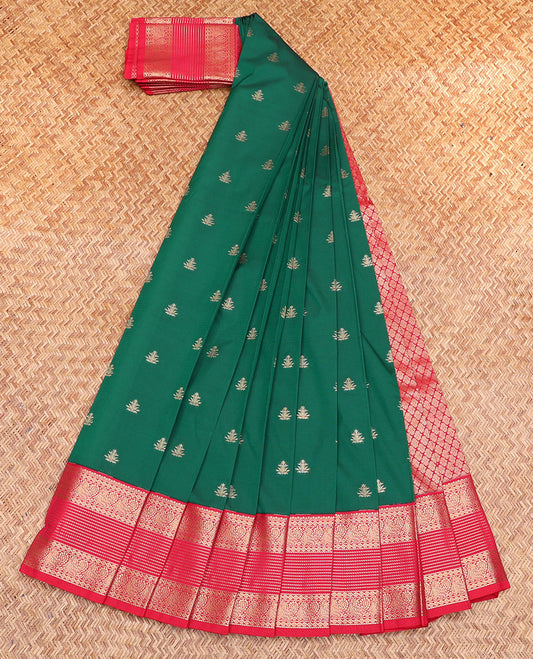 Green Budget Silk Saree, Highlighted by Zari Buttas, Complemented by a Contrast Traditional Border, Jaal Pallu, and a Contrast Blouse