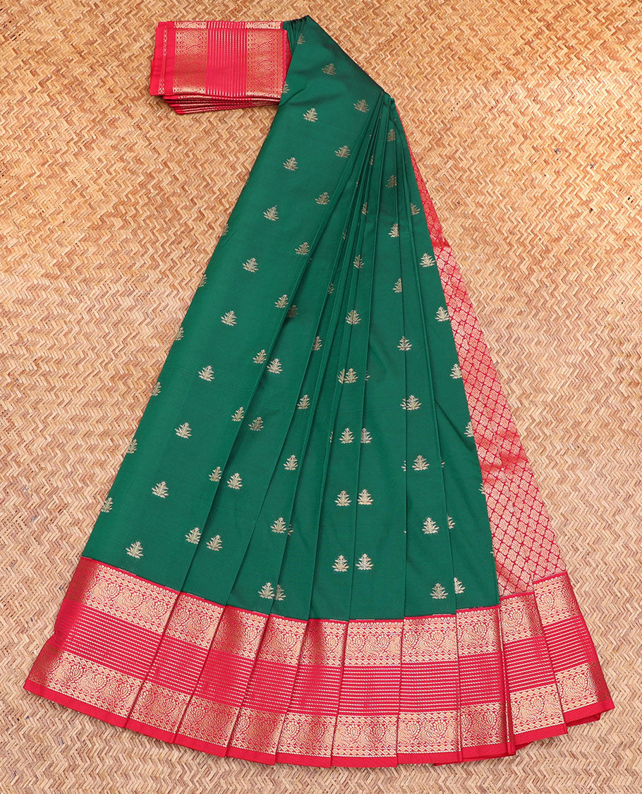 Green Budget Silk Saree, Highlighted by Zari Buttas, Complemented by a Contrast Traditional Border, Jaal Pallu, and a Contrast Blouse