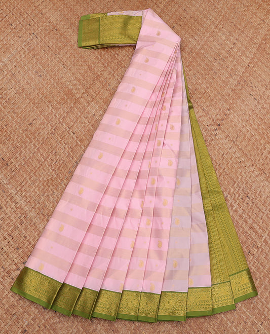 Baby Pink Budget Silk Saree, Woven with Zari Buttas and Stripes, Complemented by a Contrast Traditional Zari Border, Geometric Pallu, and Contrast Blouse