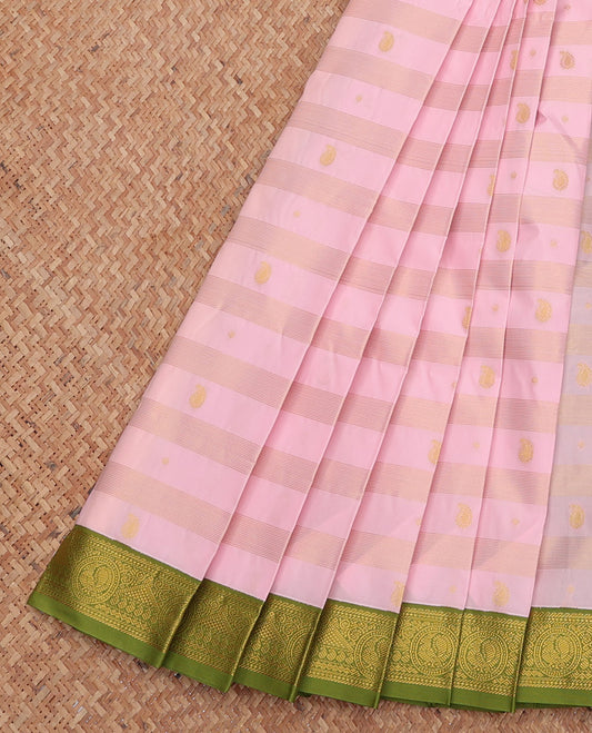 Baby Pink Budget Silk Saree, Woven with Zari Buttas and Stripes, Complemented by a Contrast Traditional Zari Border, Geometric Pallu, and Contrast Blouse