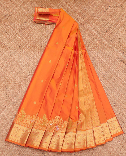 Orange Budget Silk Saree, Graced with Zari Buttas, Highlighted by a Traditional Zari Border, Intricately Designed Pallu, and a Matching Blouse