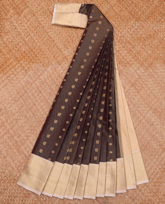 Brown Budget Silk Saree Decked Up with Peacock Chakram Buttas and Zari Stripes, Complemented with a Contrast Traditional Zari Design Border, Subtly Pallu, and a Contrast Blouse