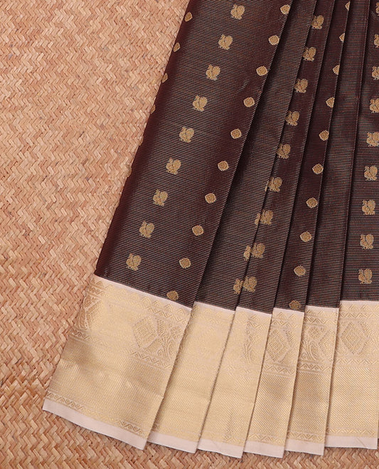 Brown Budget Silk Saree Decked Up with Peacock Chakram Buttas and Zari Stripes, Complemented with a Contrast Traditional Zari Design Border, Subtly Pallu, and a Contrast Blouse