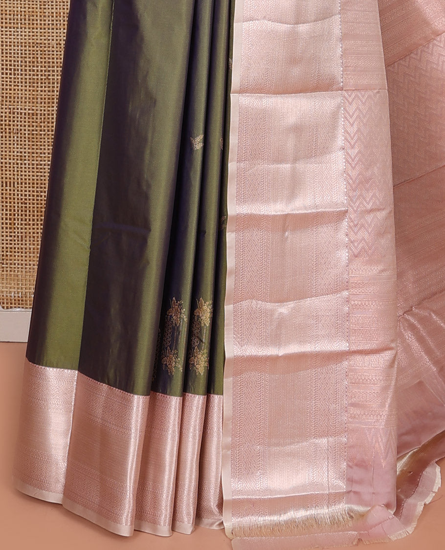Green Budget Silk Saree, Elevated with Zari Designs All Over Its Body, Complemented by a Contrast Border of Traditional Designs Woven in Zari, Pallu Detailed with Chevron Designs, and Paired with a Contrast Blouse