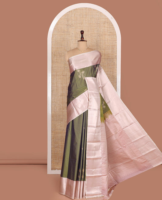 Green Budget Silk Saree, Elevated with Zari Designs All Over Its Body, Complemented by a Contrast Border of Traditional Designs Woven in Zari, Pallu Detailed with Chevron Designs, and Paired with a Contrast Blouse