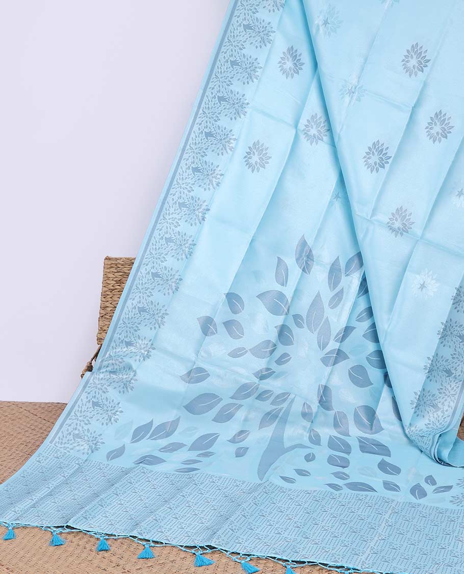 Peach floral printed butter silk saree with self-floral border & intricate design pallu