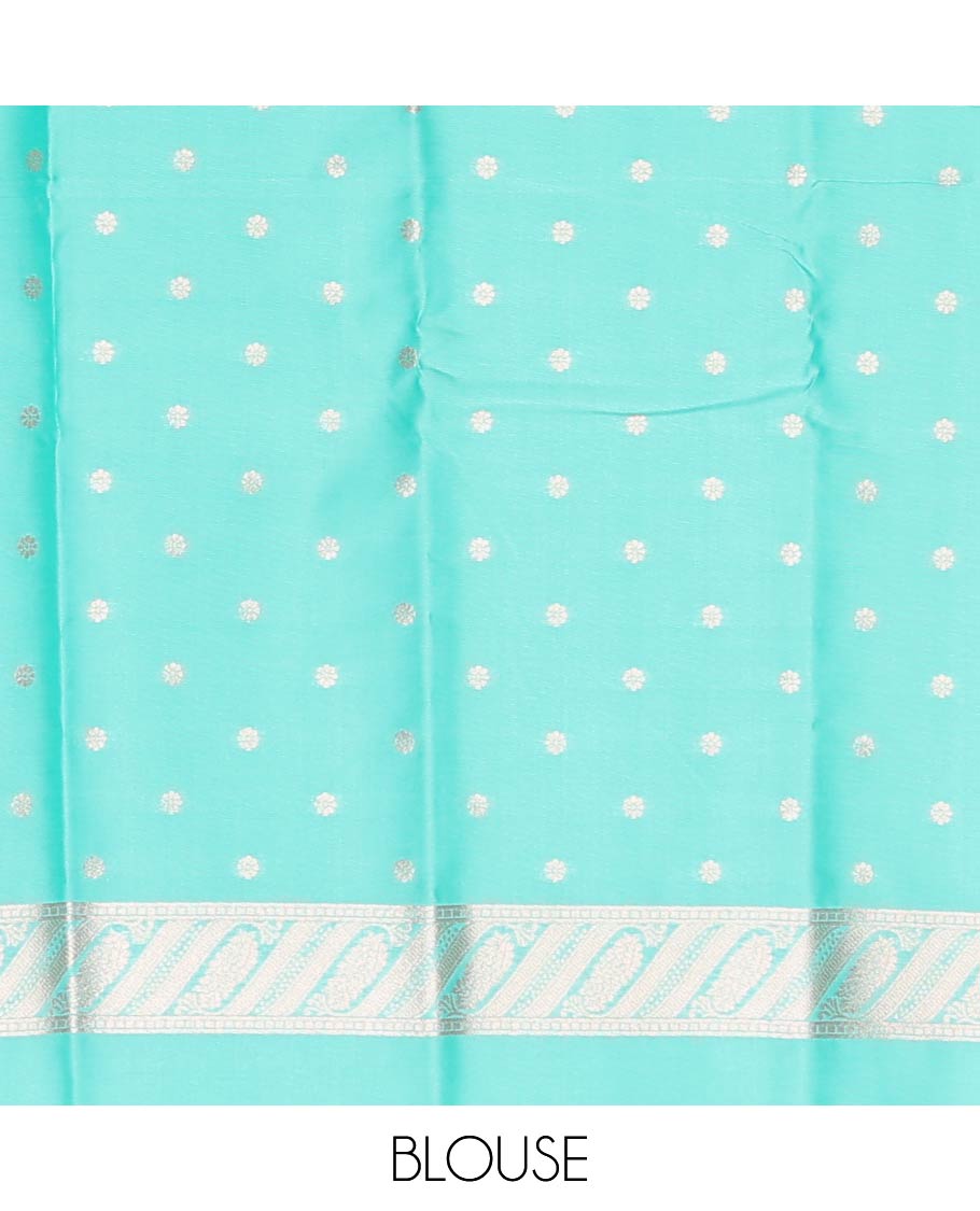 Turquoise butter silk saree with zari buttas, floral zari design border & intricate pallu