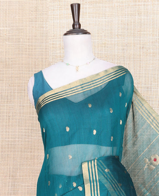 Blue Chanderi Cotton Saree, Woven with Paisley Buttas All Over Its Body, Highlighted by a Zari Border, Pallu Steeped with Zari Stripes and Buttas, and Paired with a Matching Blouse