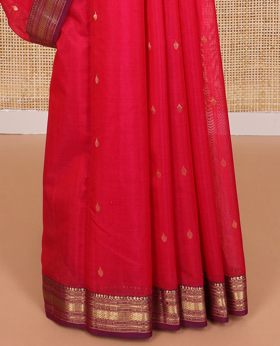 Red motifs chanderi cotton saree with contrast traditional zari design border & floral design pallu
