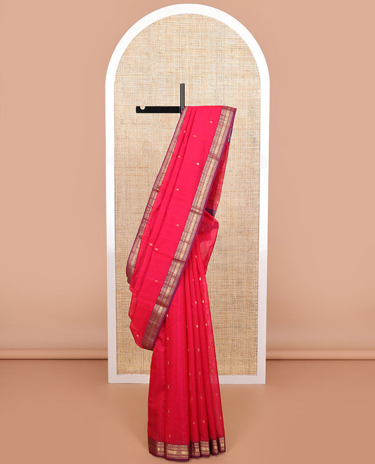 Red motifs chanderi cotton saree with contrast traditional zari design border & floral design pallu