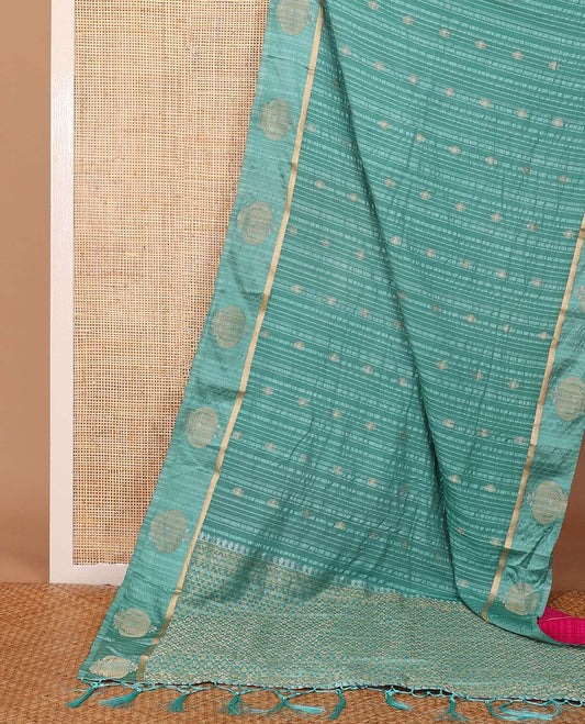 Blue zari buttas & striped fancy crepe saree, unique motifs zari border & intricate pallu