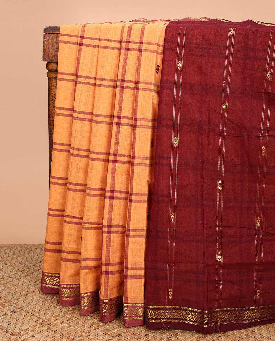 Orange buttas enclosed, checked Andhra cotton saree, zari design border, and contrast zari design pallu