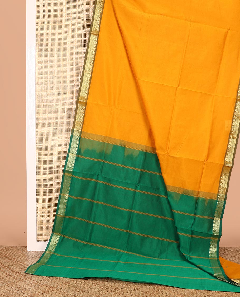 Yellow Plain Poly Cotton Saree, Complemented by a Contrast Traditional Zari Design Border, Pallu of Stripes, and Paired with a Contrast Blouse