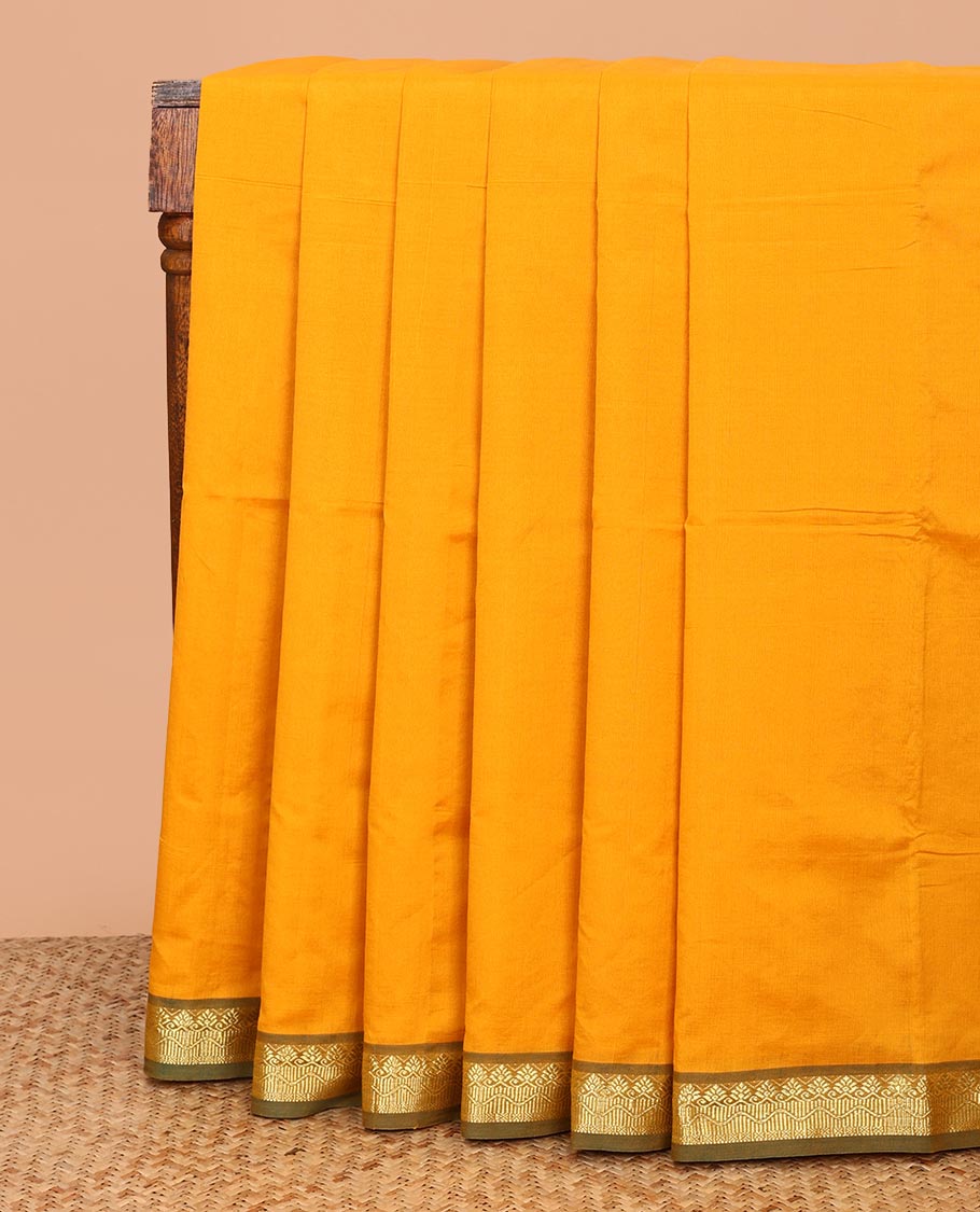 Yellow Plain Poly Cotton Saree, Complemented by a Contrast Traditional Zari Design Border, Pallu of Stripes, and Paired with a Contrast Blouse