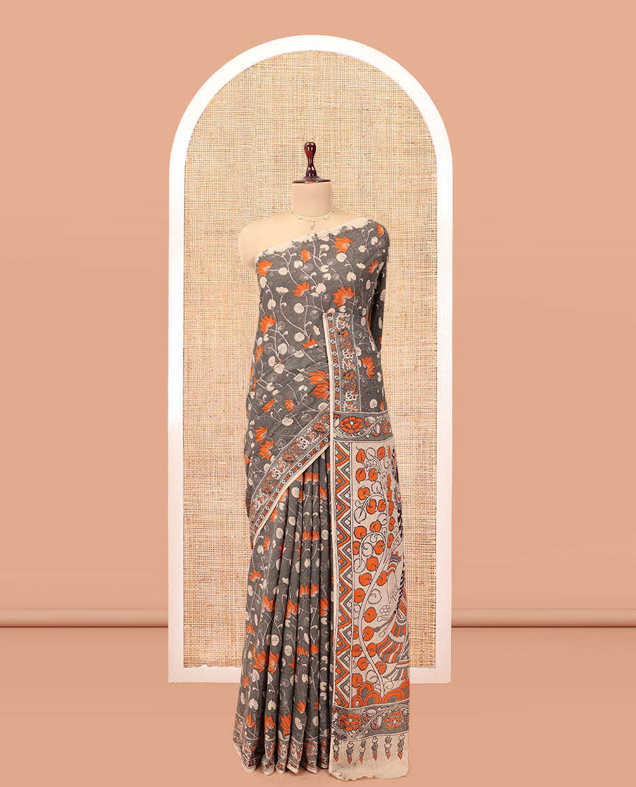 Grey Kalamkari Cotton Saree, Decked Up with Floral Vine Print, Complemented By Printed Border, Pallu of Kalamkari Ancient Human Motifs, and a Contrast Blouse