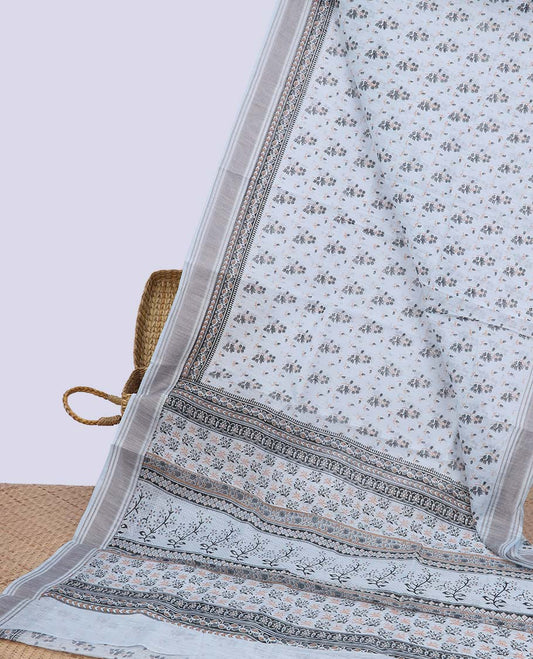 Grey floral printed budget cotton saree, self-border & floral printed pallu
