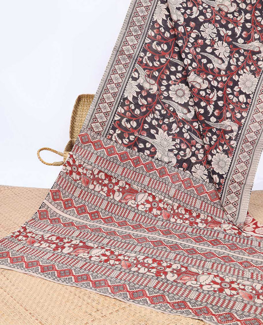 Brown floral vine machine-printed kalamkari cotton saree, contrast diamond border & floral & geometric border