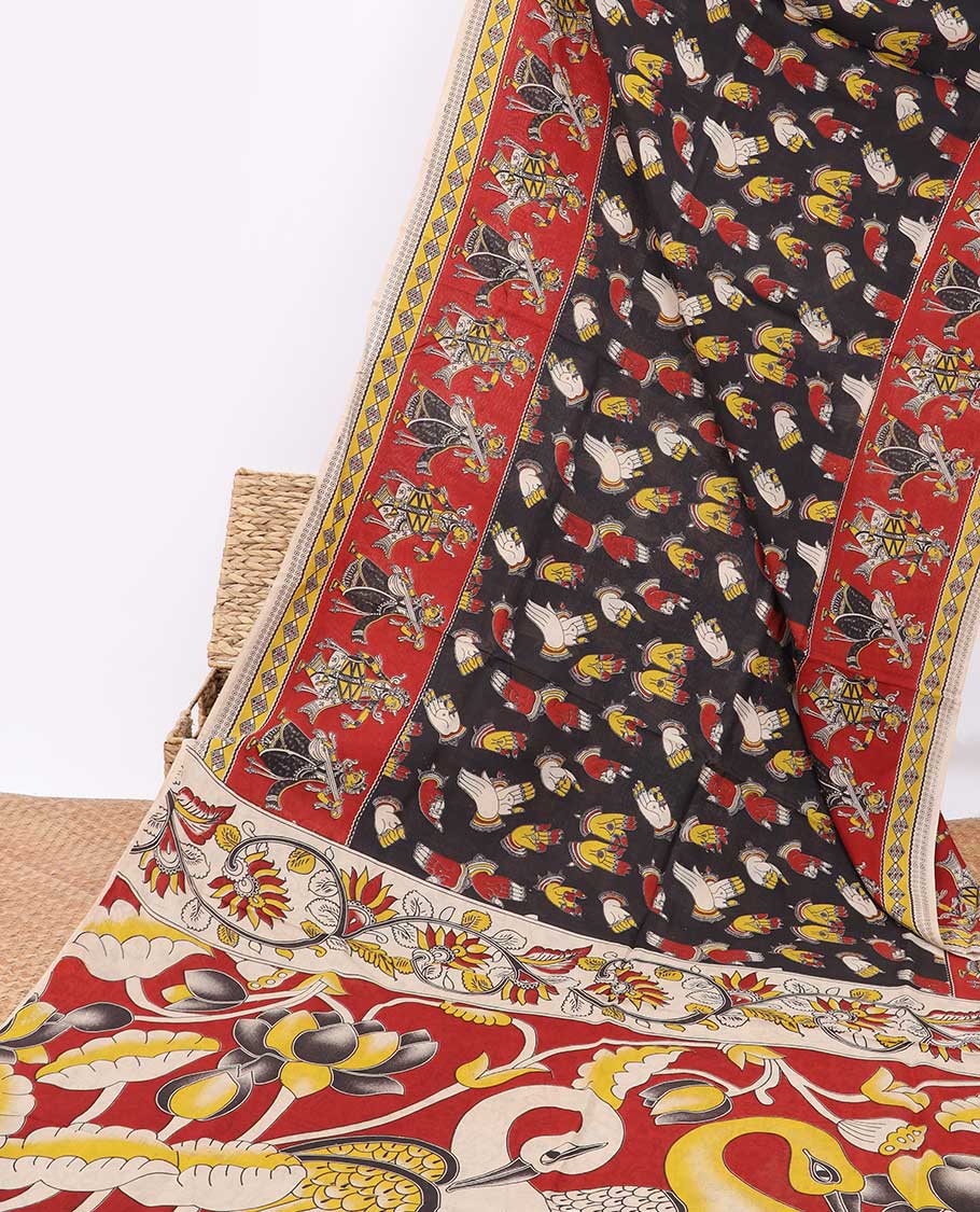 Black hand motifs machine-printed kalamkari cotton saree with contrast human design border & floral, peacock design pallu
