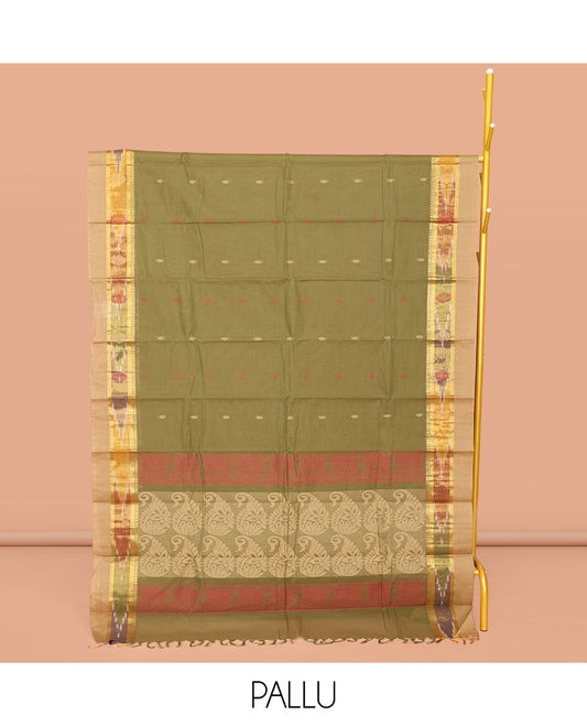 Green Kanchi Cotton Saree, Subtly Threaded with Buttas All Over Its Body, Complemented by Contrast Ikkat Border, Pallu of Paisley Designs, and Paired with a Matching Blouse