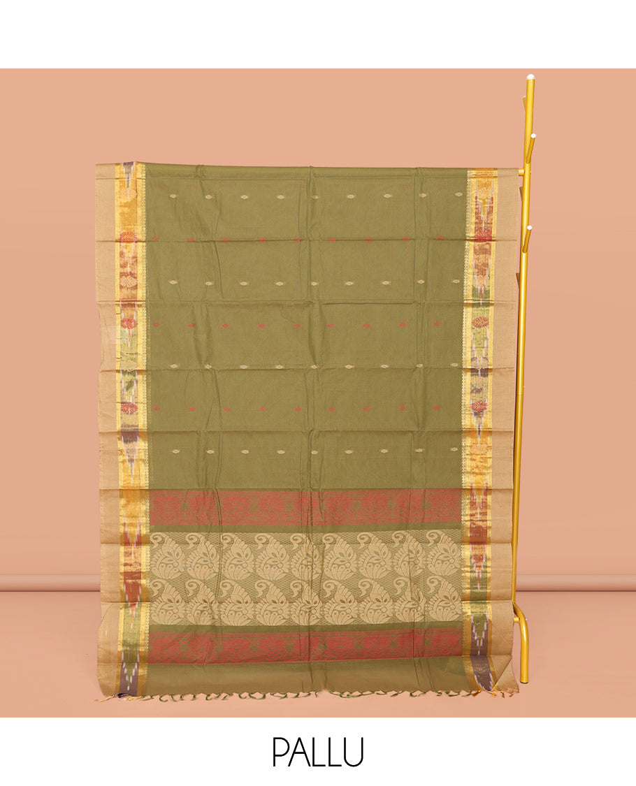 Green Kanchi Cotton Saree, Subtly Threaded with Buttas All Over Its Body, Complemented by Contrast Ikkat Border, Pallu of Paisley Designs, and Paired with a Matching Blouse