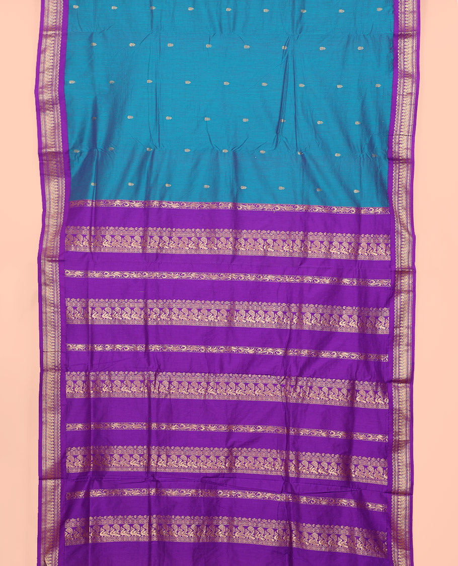 Blue Nine Yard Cotton Saree, Adorned with Buttas On Its Body, Complemented by Contrast Traditional Zari Motifs Border, Pallu of Traditional Designs, and Comes Without a Blouse