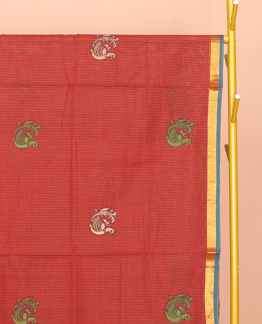 Rust Venkatagiri Cotton Saree, Delicately Printed with Peacock Buttas and Checks, a Contrast Traditional Zari Border, Pallu of Stripes, and No Blouse