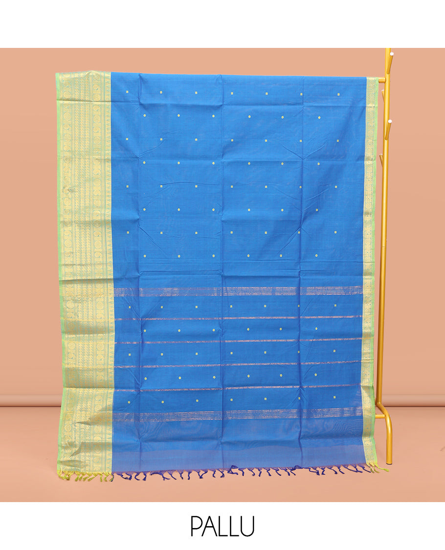 Royal Blue Chettinad Cotton Saree, Crafted with Thread Buttas All Over Its Body, Complemented by a Contrast Traditional Zari Border, Pallu of Buttas and Stripes, and Paired with a Matching Blouse