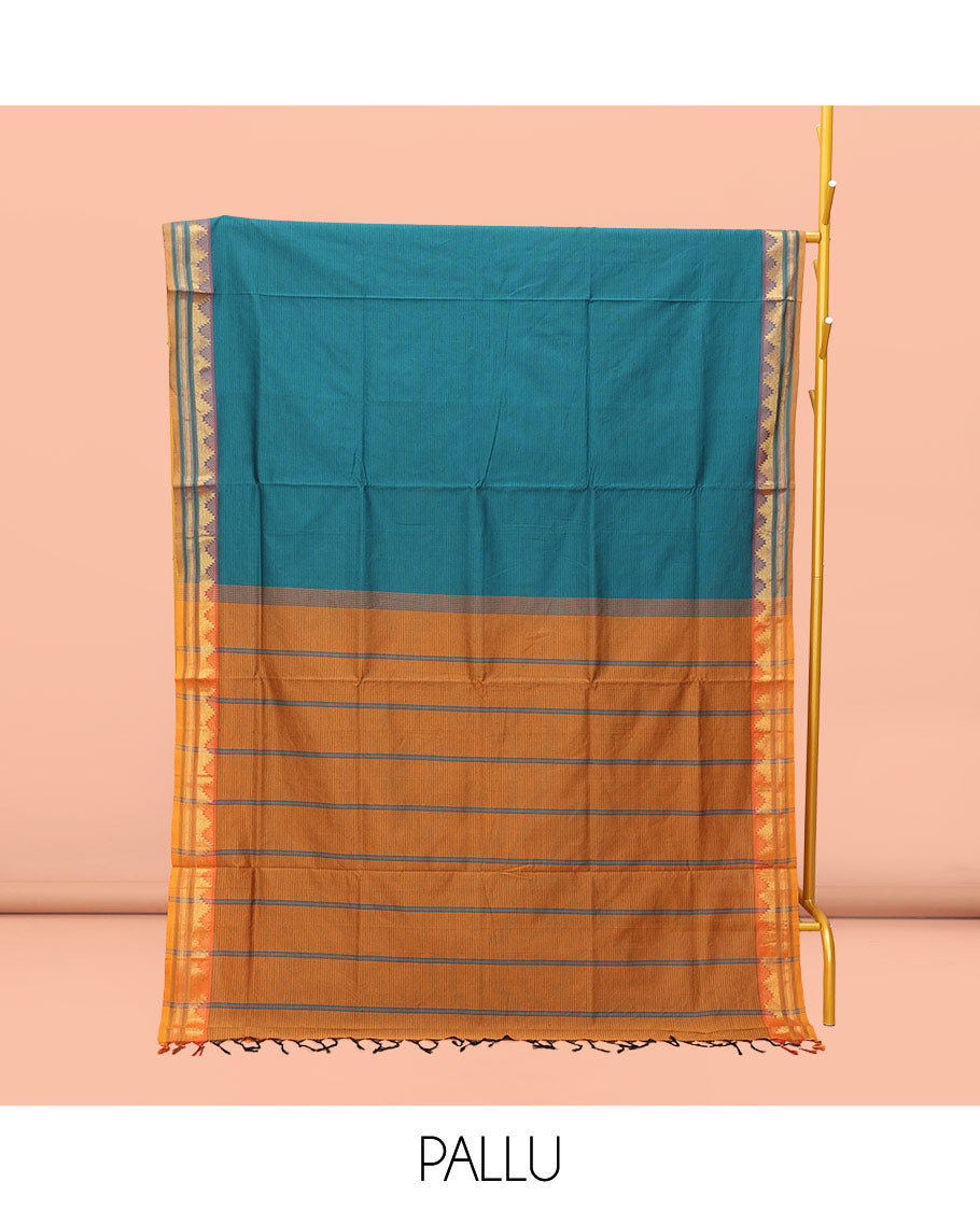 Blue Striped Poly Cotton Saree