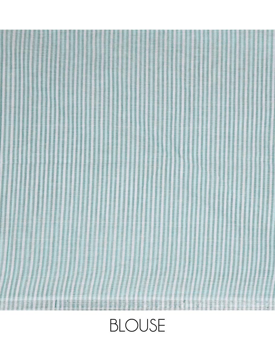 Green striped jute cotton saree, zari border & striped pallu