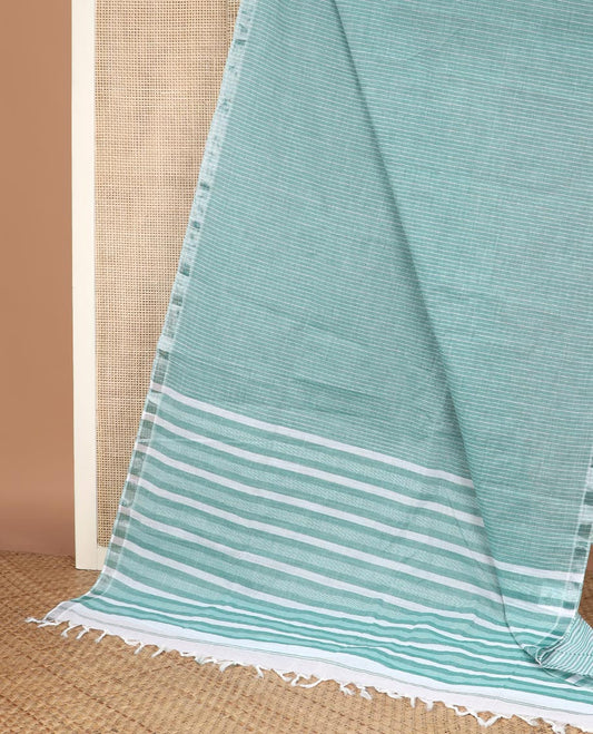 Green striped jute cotton saree, zari border & striped pallu