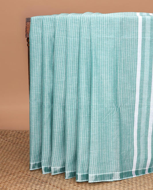 Green striped jute cotton saree, zari border & striped pallu