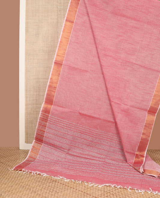 Peach striped jute cotton saree, zari border & striped pallu