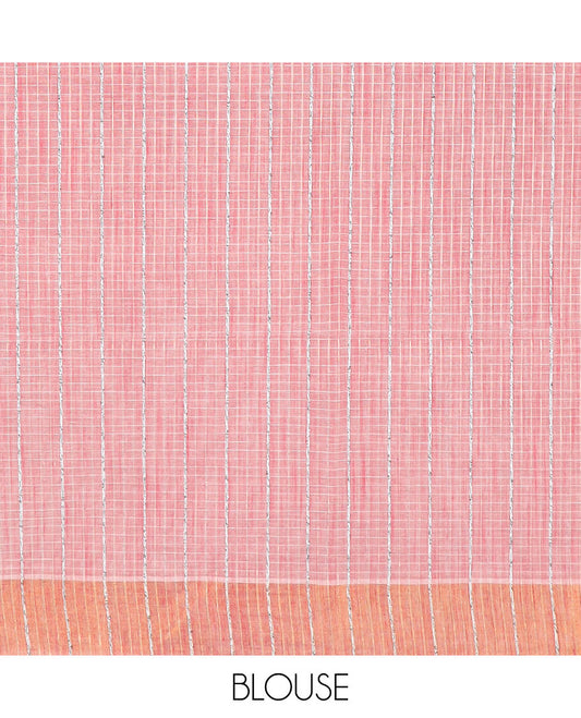 Peach striped jute cotton saree, zari border & striped pallu