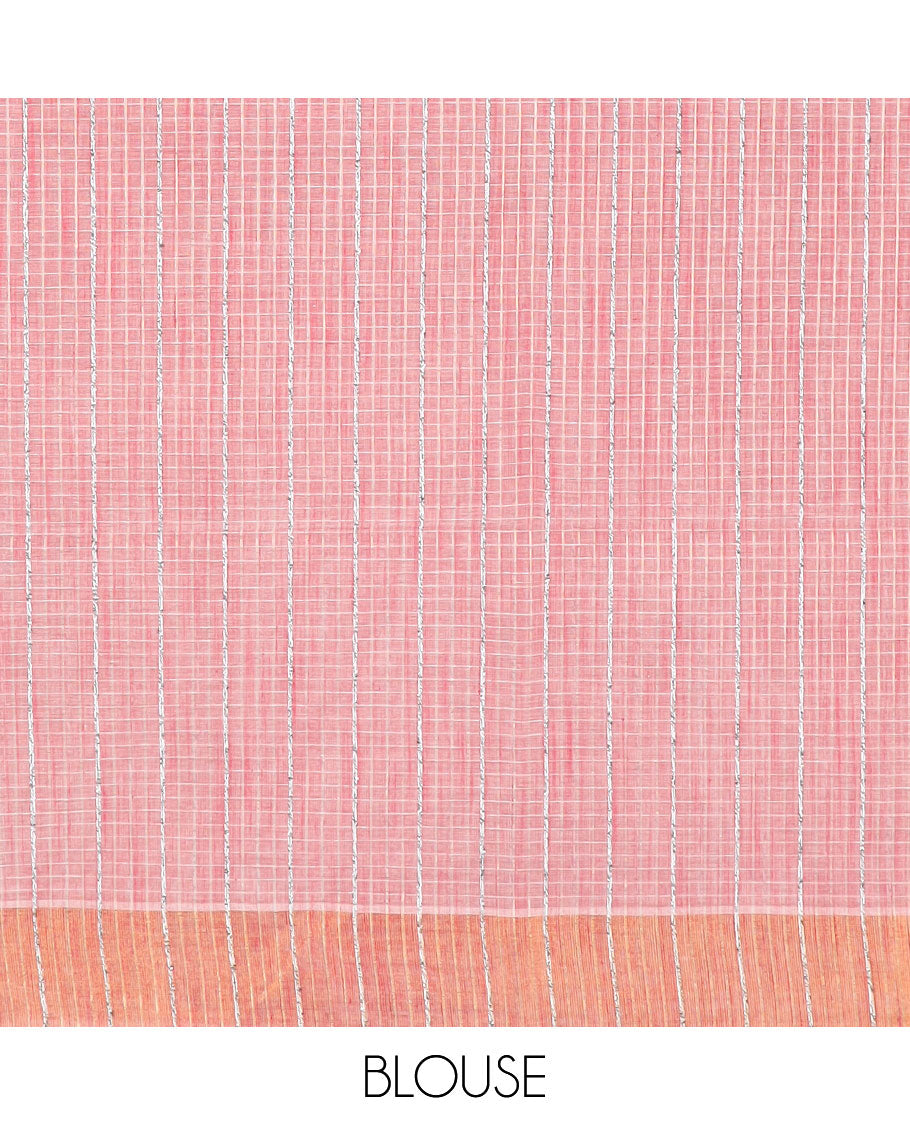 Peach striped jute cotton saree, zari border & striped pallu